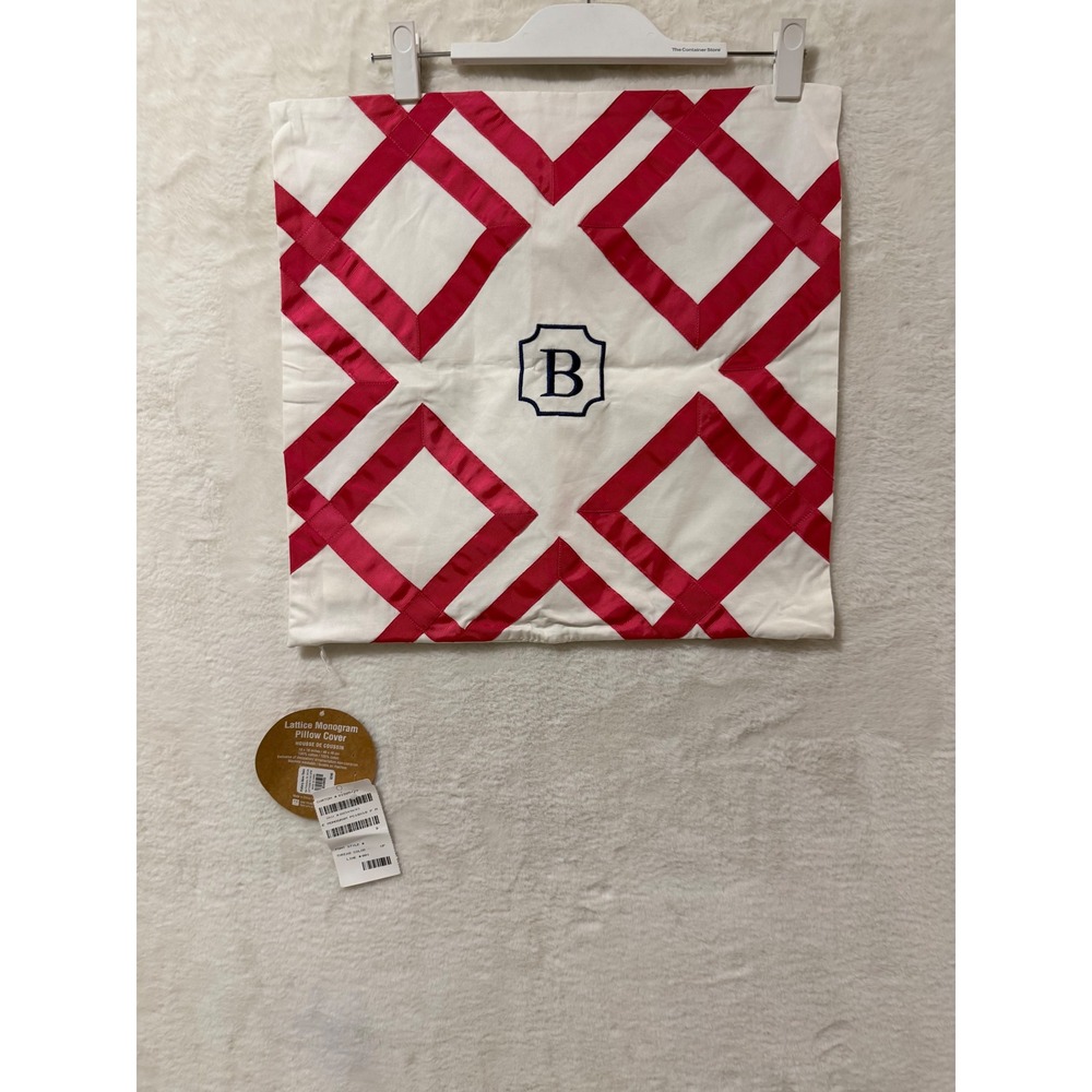 PB Teen Lattice Monogram Pillow Cover NWT Pink White Cotton Letter B 18x18 Sham